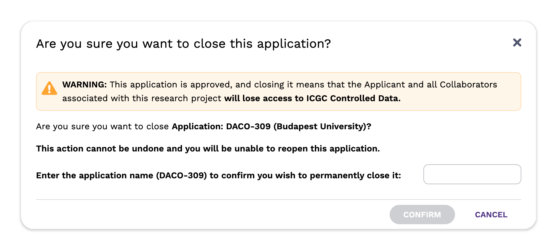 DACO close confirmation modal with manual entry requirement and warning